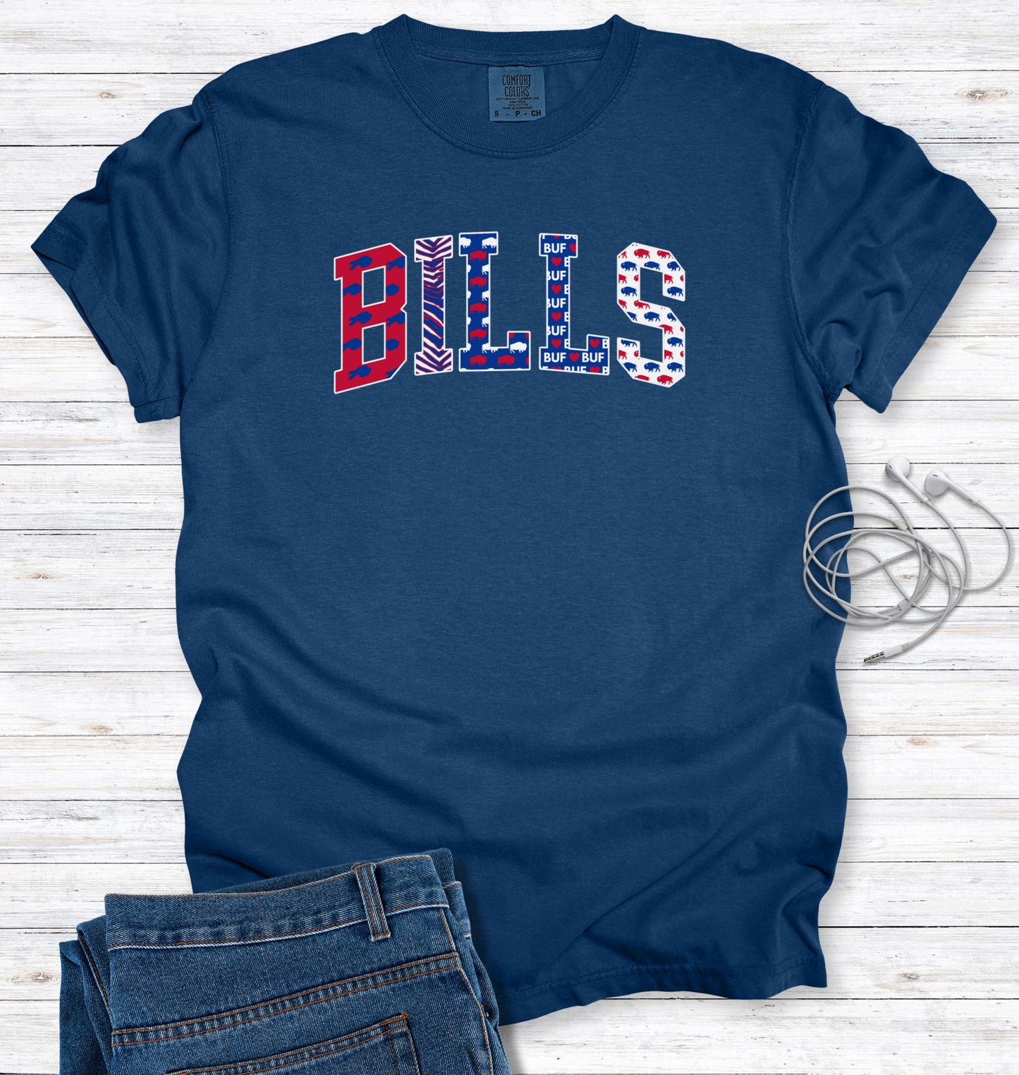 Buffalo Pattern Faux Patchwork Block Letters T-Shirt