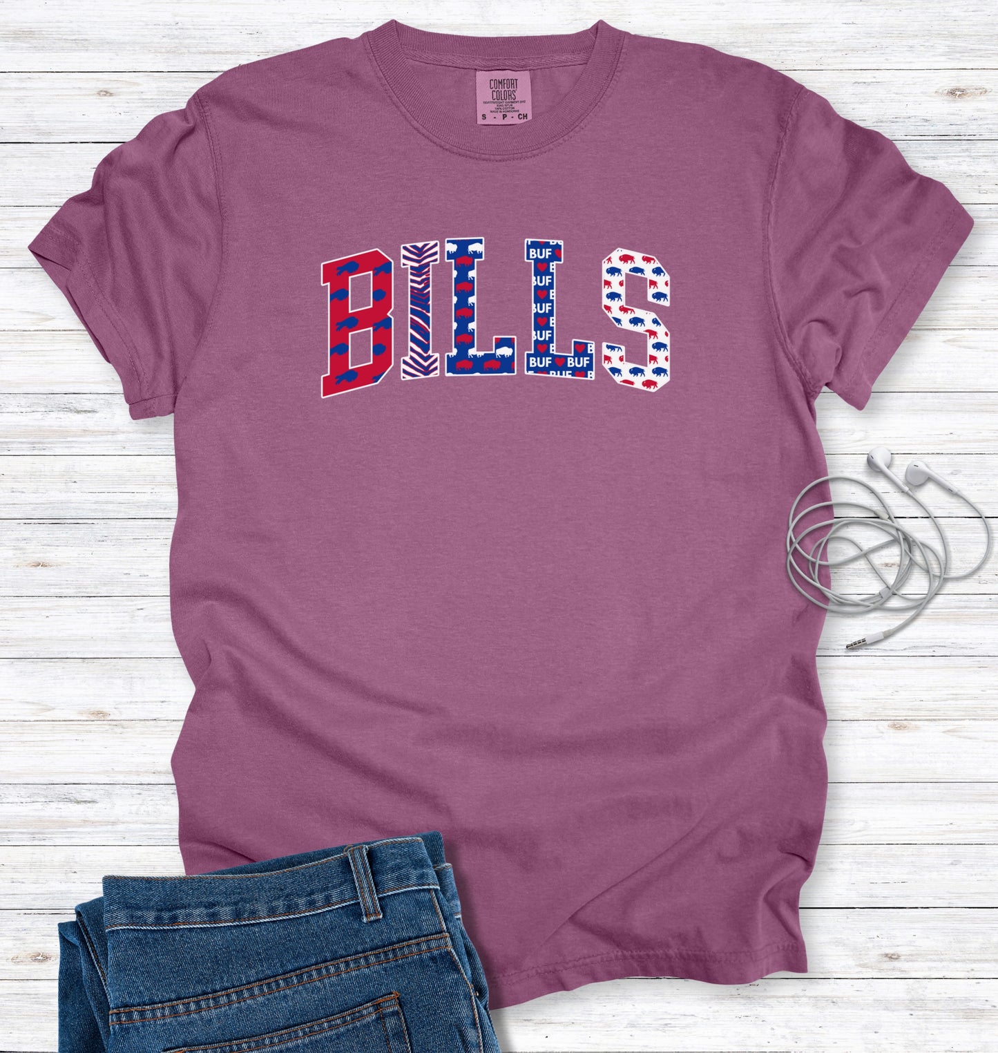Buffalo Pattern Faux Patchwork Block Letters T-Shirt