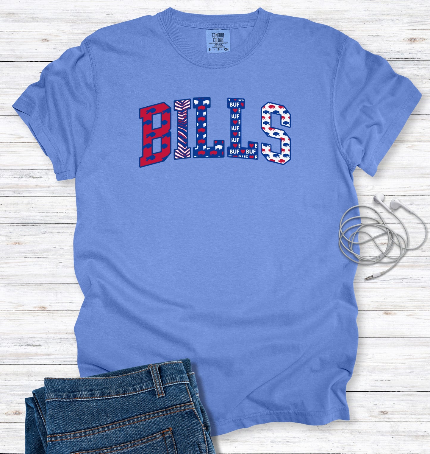 Buffalo Pattern Faux Patchwork Block Letters T-Shirt