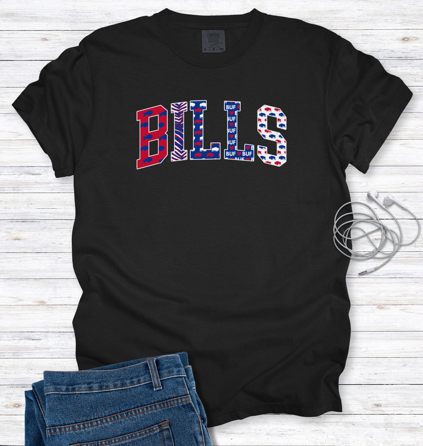 Buffalo Pattern Faux Patchwork Block Letters T-Shirt