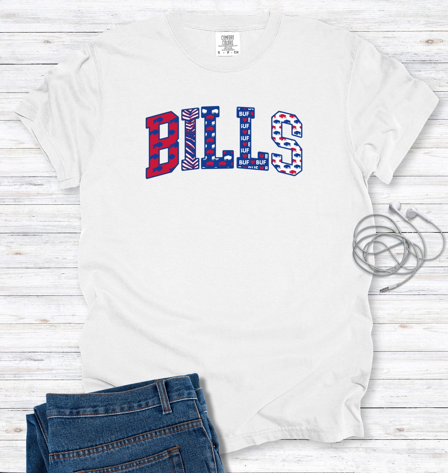 Buffalo Pattern Faux Patchwork Block Letters T-Shirt
