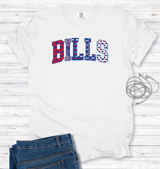 Buffalo Pattern Faux Patchwork Block Letters T-Shirt