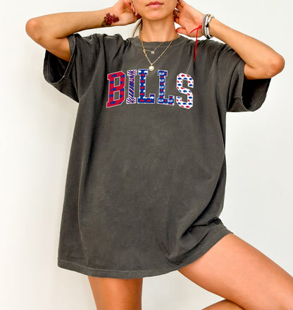 Buffalo Pattern Faux Patchwork Block Letters T-Shirt