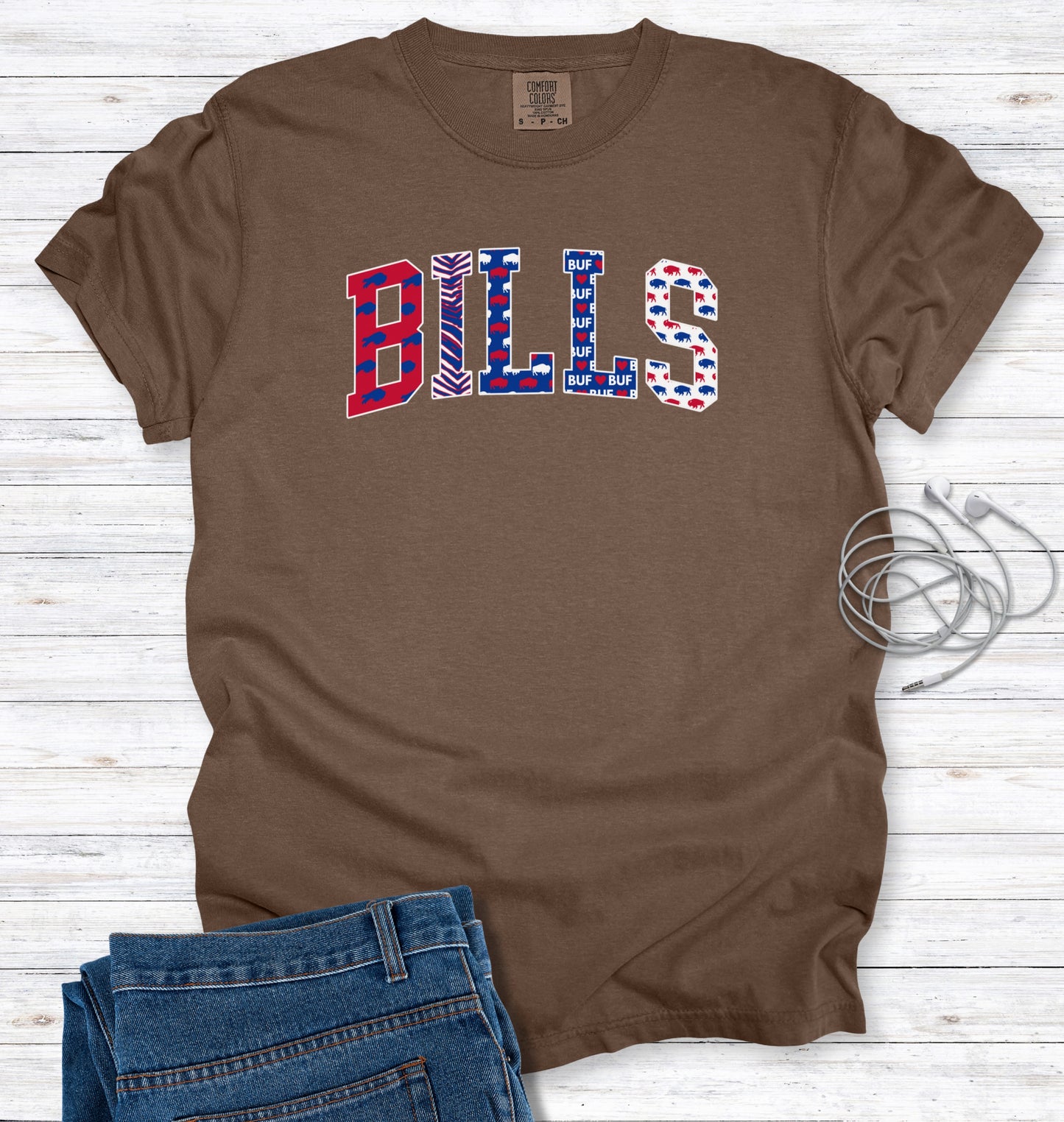 Buffalo Pattern Faux Patchwork Block Letters T-Shirt