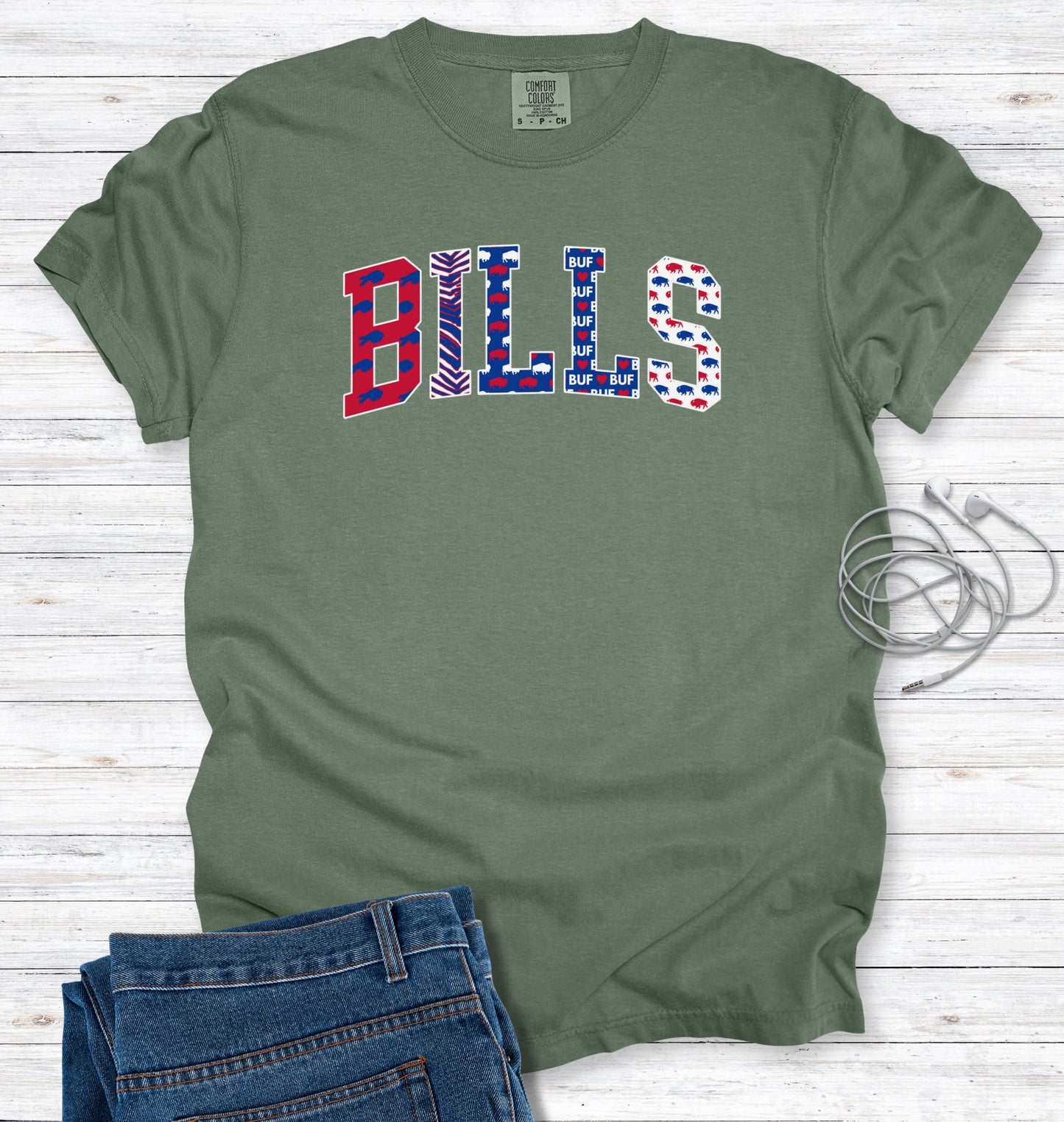 Buffalo Pattern Faux Patchwork Block Letters T-Shirt