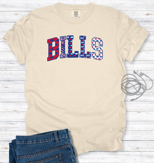 Buffalo Pattern Faux Patchwork Block Letters T-Shirt