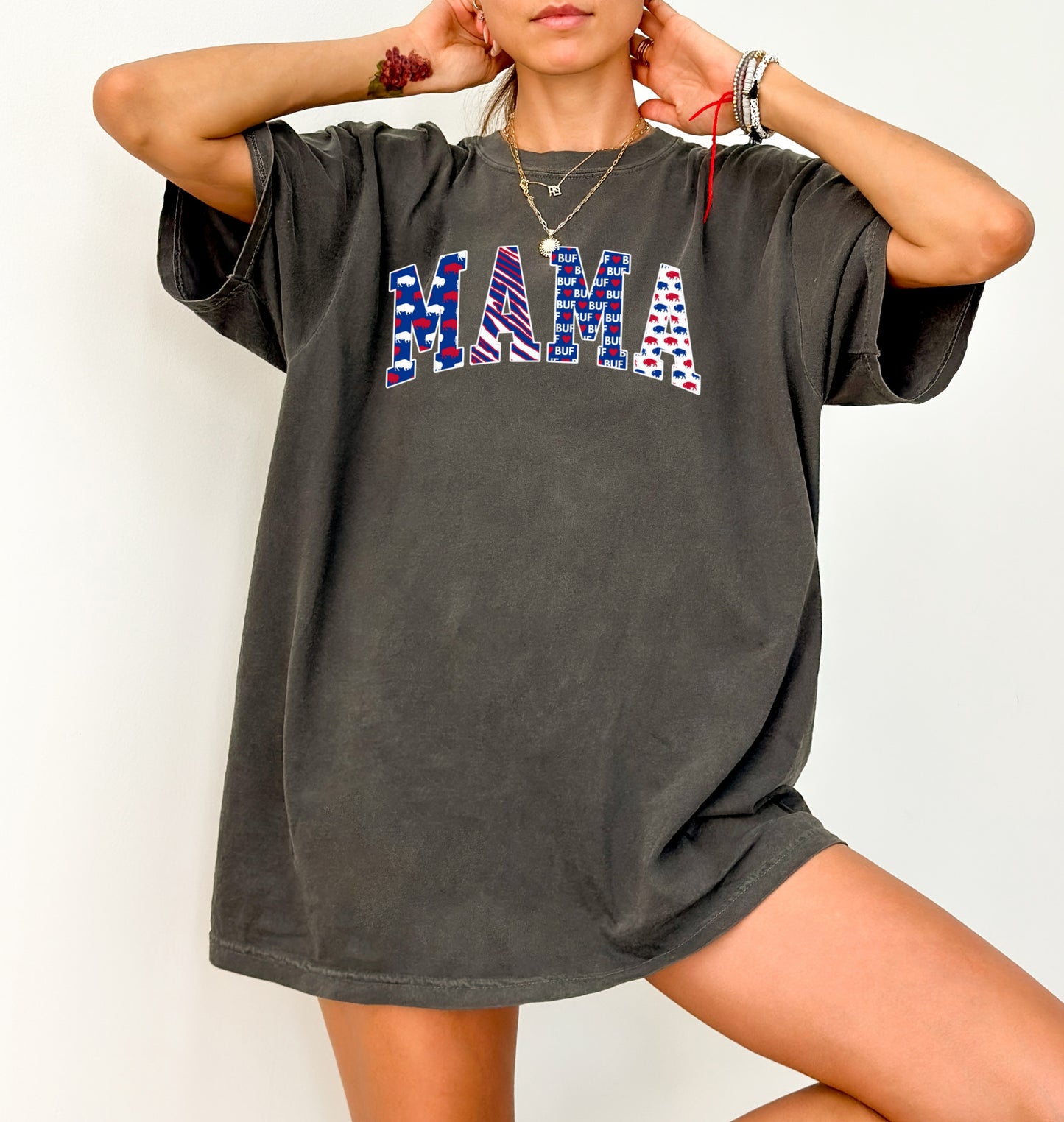 Buffalo MAMA Faux Patchwork Block Letters T-Shirt