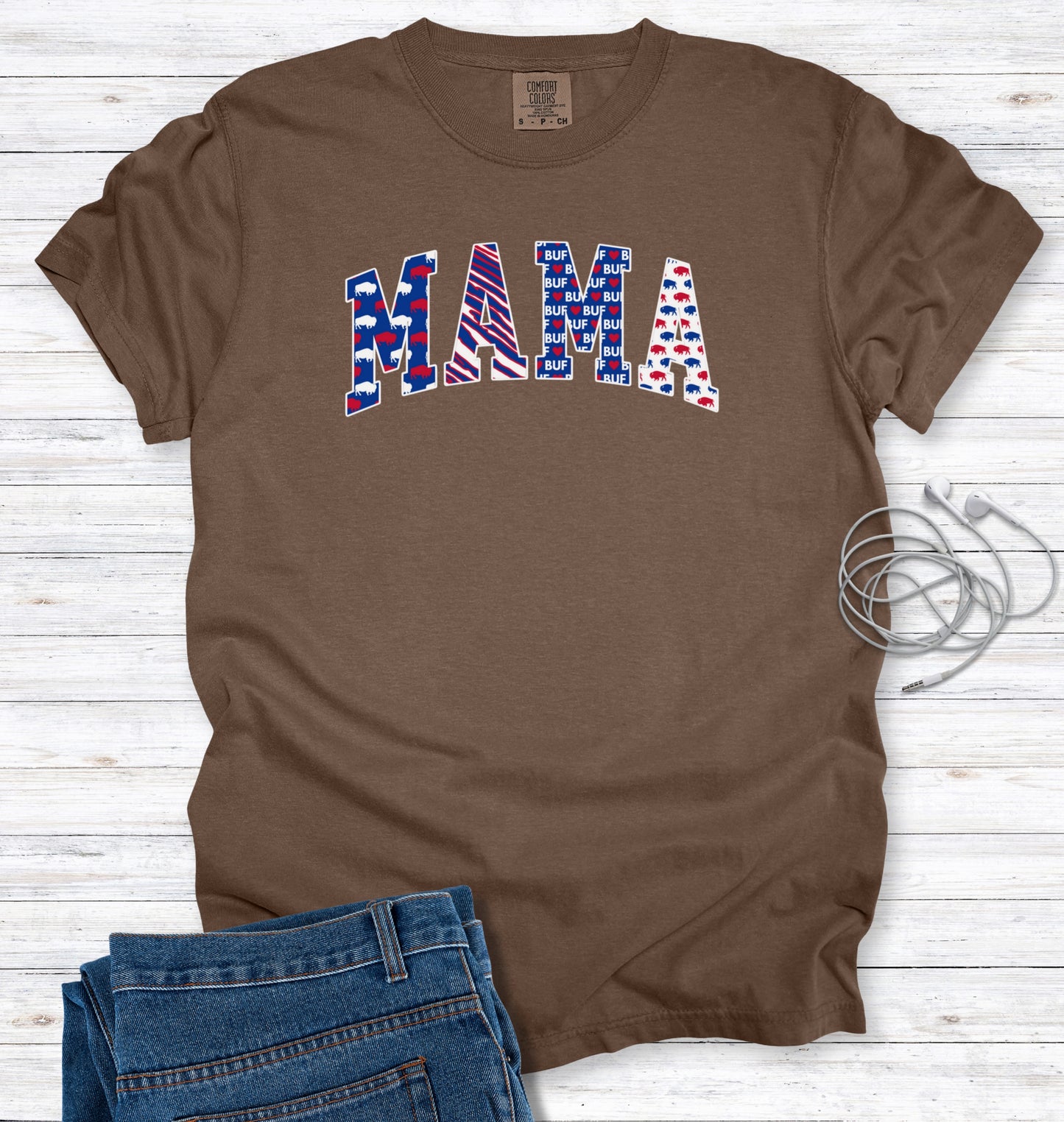 Buffalo MAMA Faux Patchwork Block Letters T-Shirt