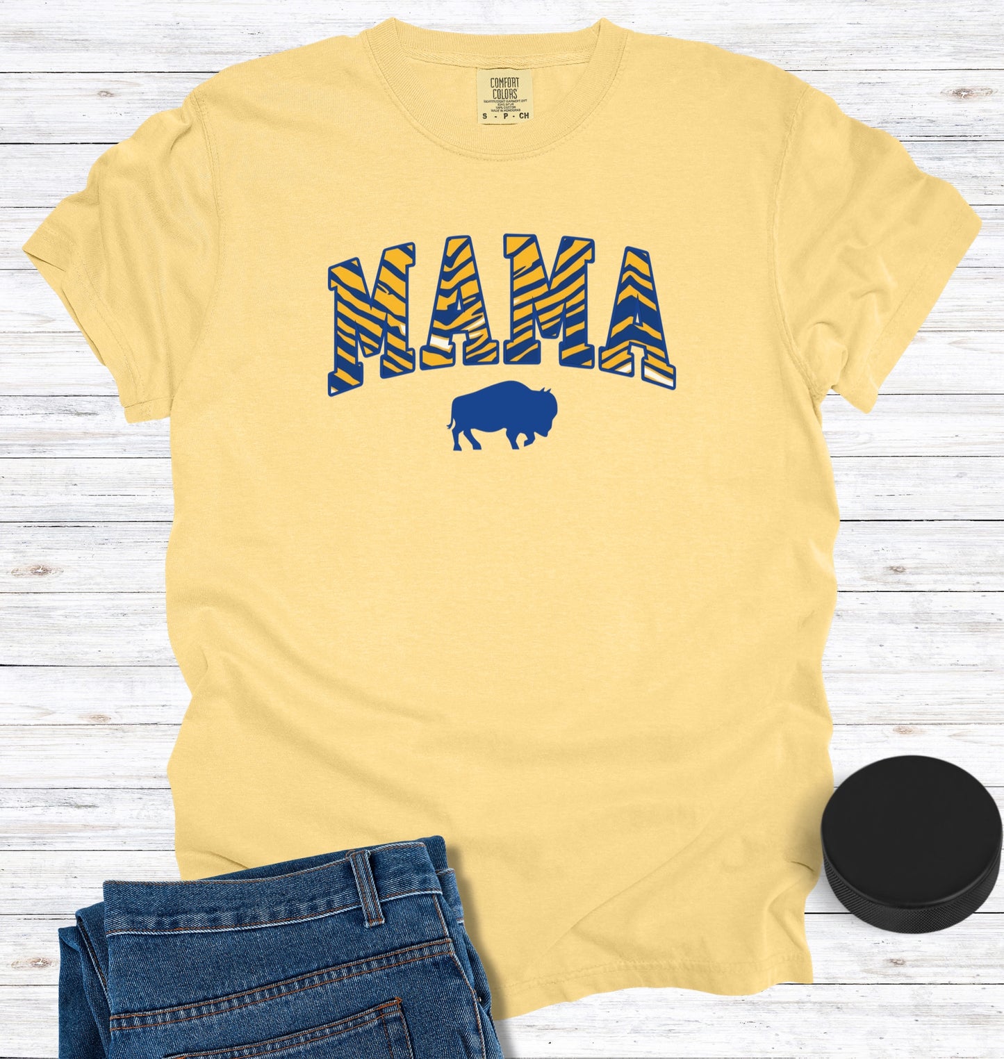 Buffalo Hockey MAMA Blue and Gold Stripes T-Shirt
