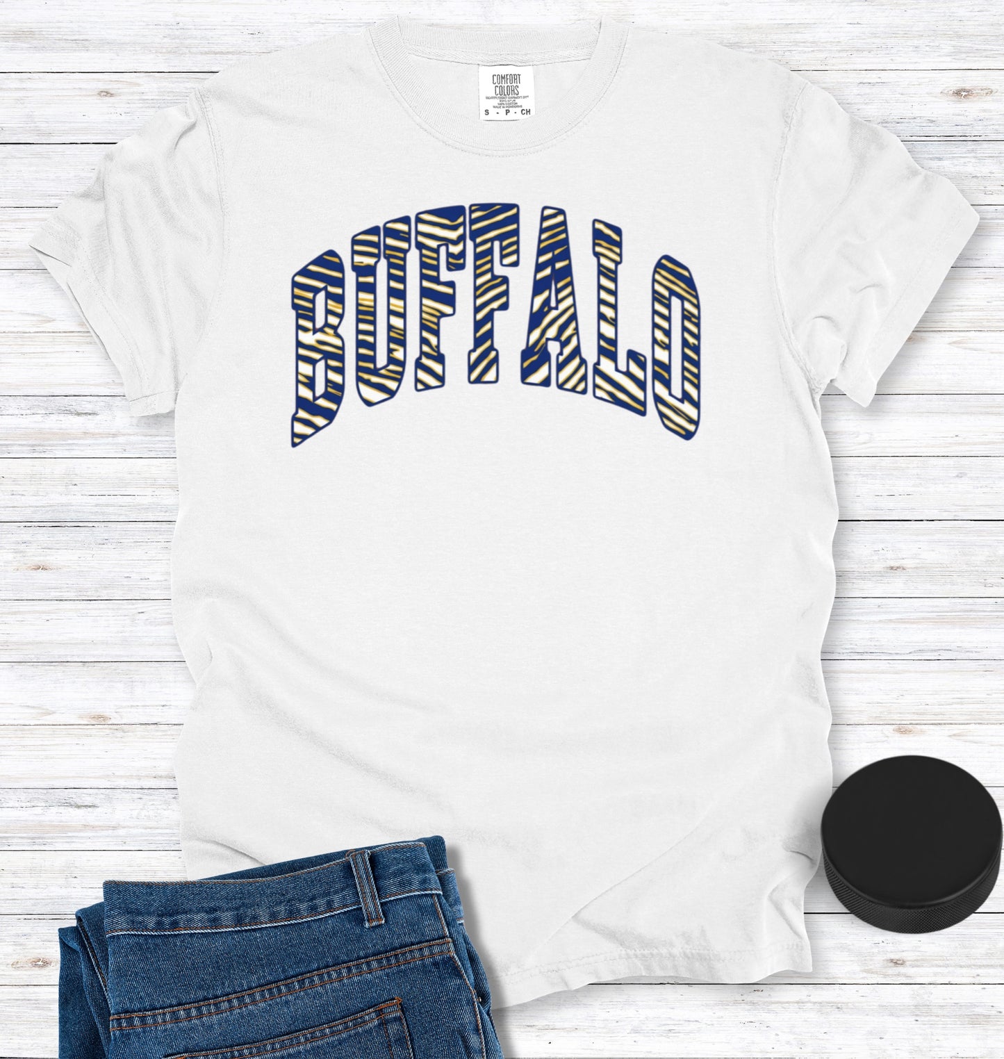 Buffalo Hockey Blue, Gold, and White Stripes T-Shirt