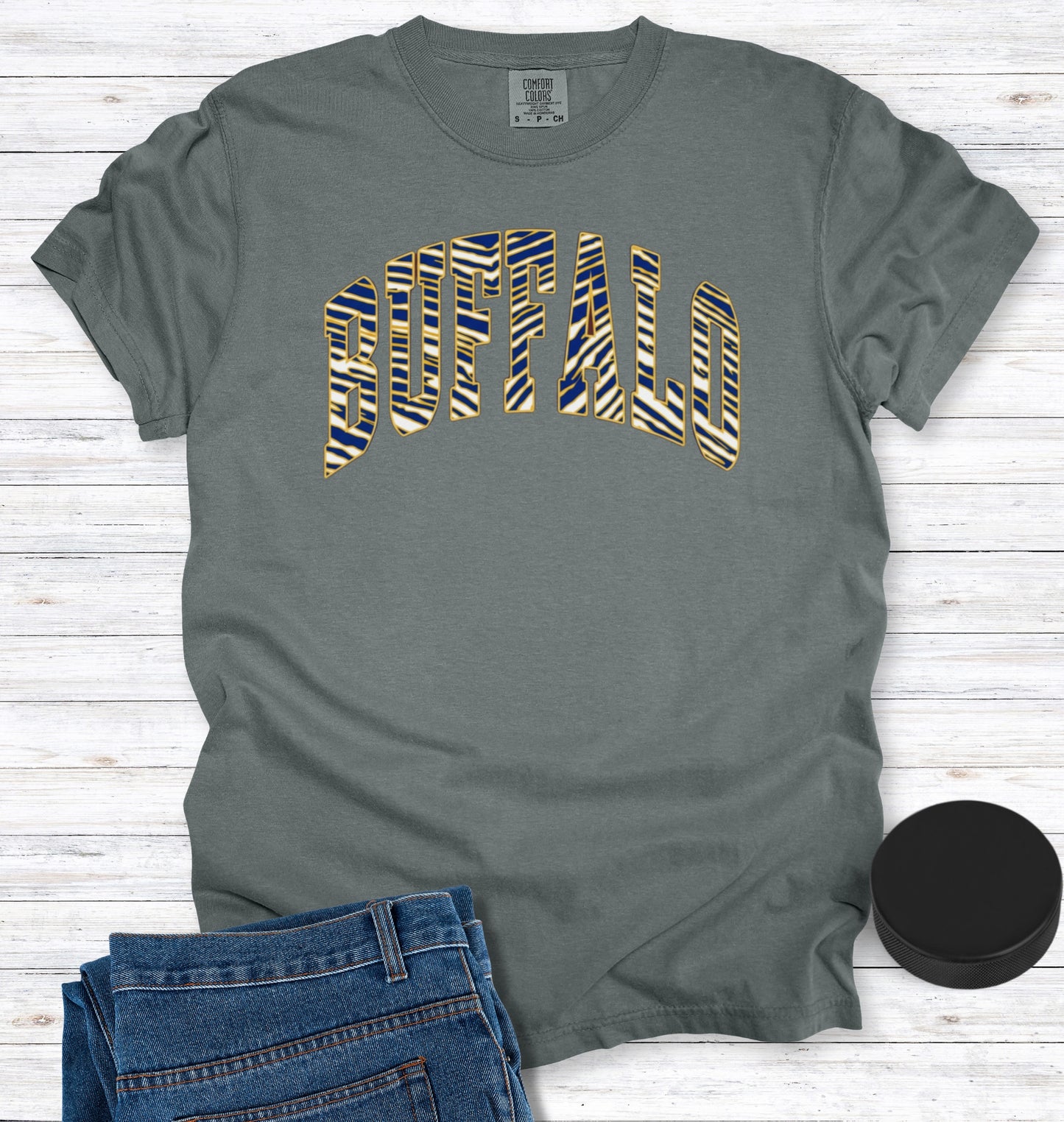 Buffalo Hockey Blue, Gold, and White Stripes T-Shirt