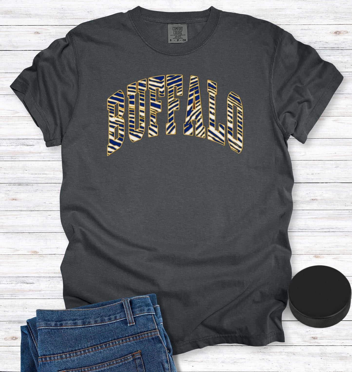 Buffalo Hockey Blue, Gold, and White Stripes T-Shirt
